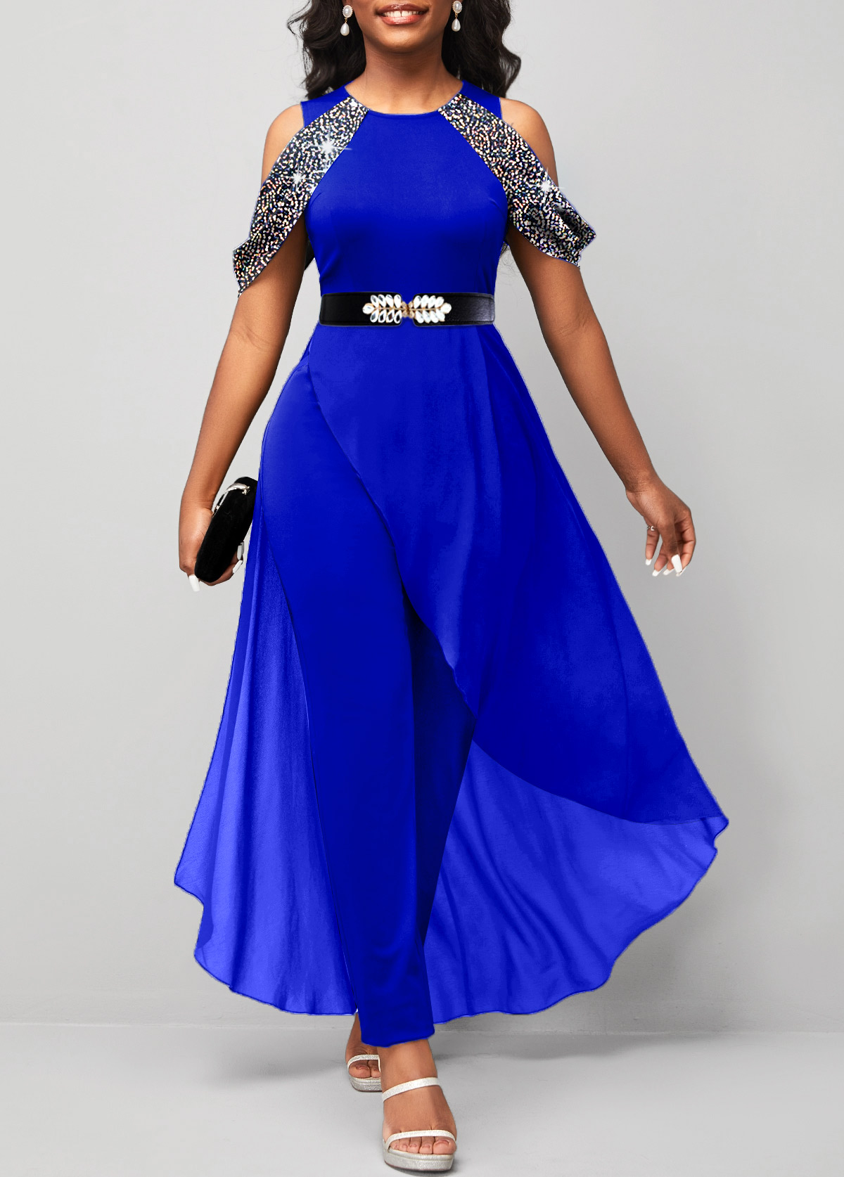 Royal Blue jumpsuits&rompers,Plain Color jumpsuits&rompers,ROTITA Hot Stamping Sapphire Blue Cold Shoulder Skinny Jumpsuit