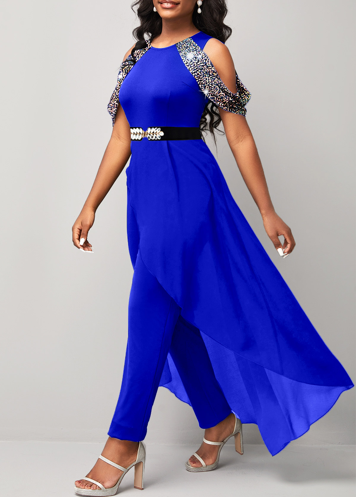 Royal Blue jumpsuits&rompers,Plain Color jumpsuits&rompers,ROTITA Hot Stamping Sapphire Blue Cold Shoulder Skinny Jumpsuit