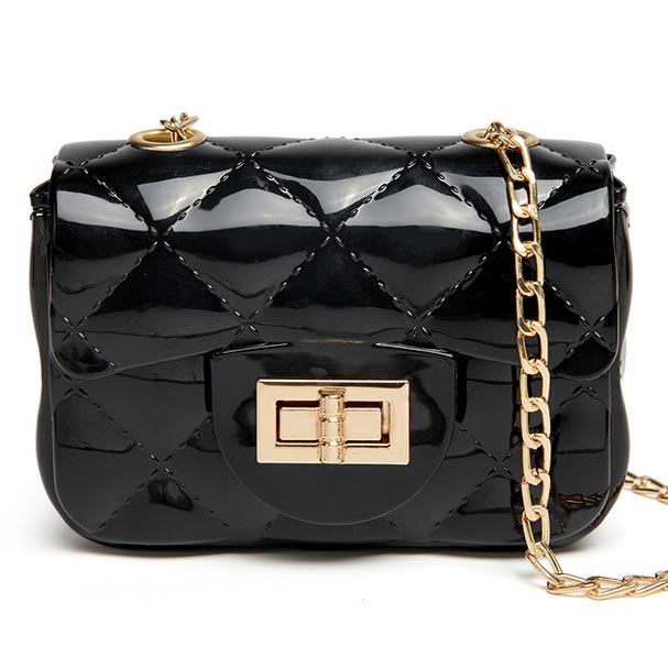 Black accessories,Plain Color accessories,Black Chains Detail Turnlock Shoulder Bag