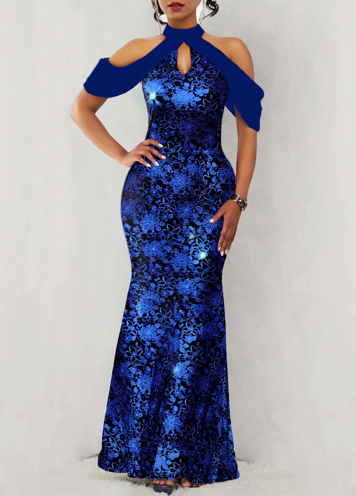 ROTITA Hot Stamping Floral Print Sapphire Blue Maxi Dress