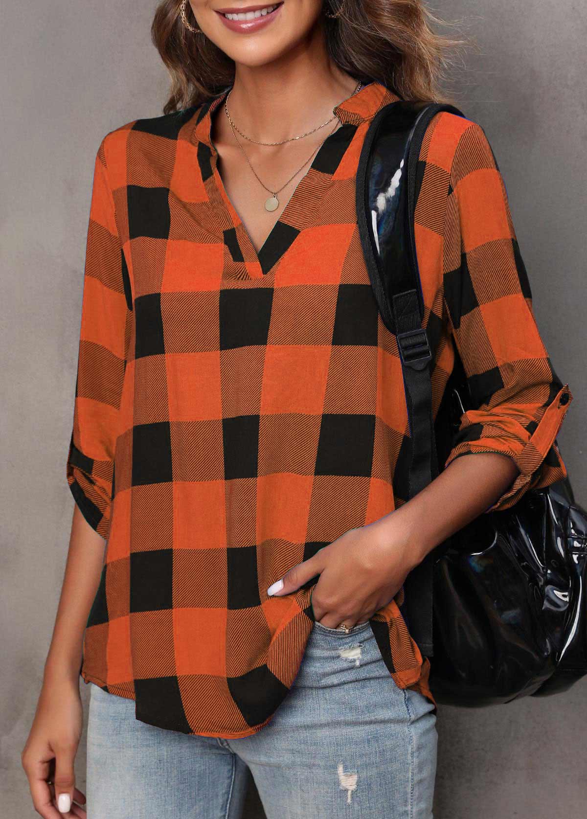 Orange tops,Plaid tops,ROTITA Tartan Print Orange Split Neck Long Sleeve Blouse