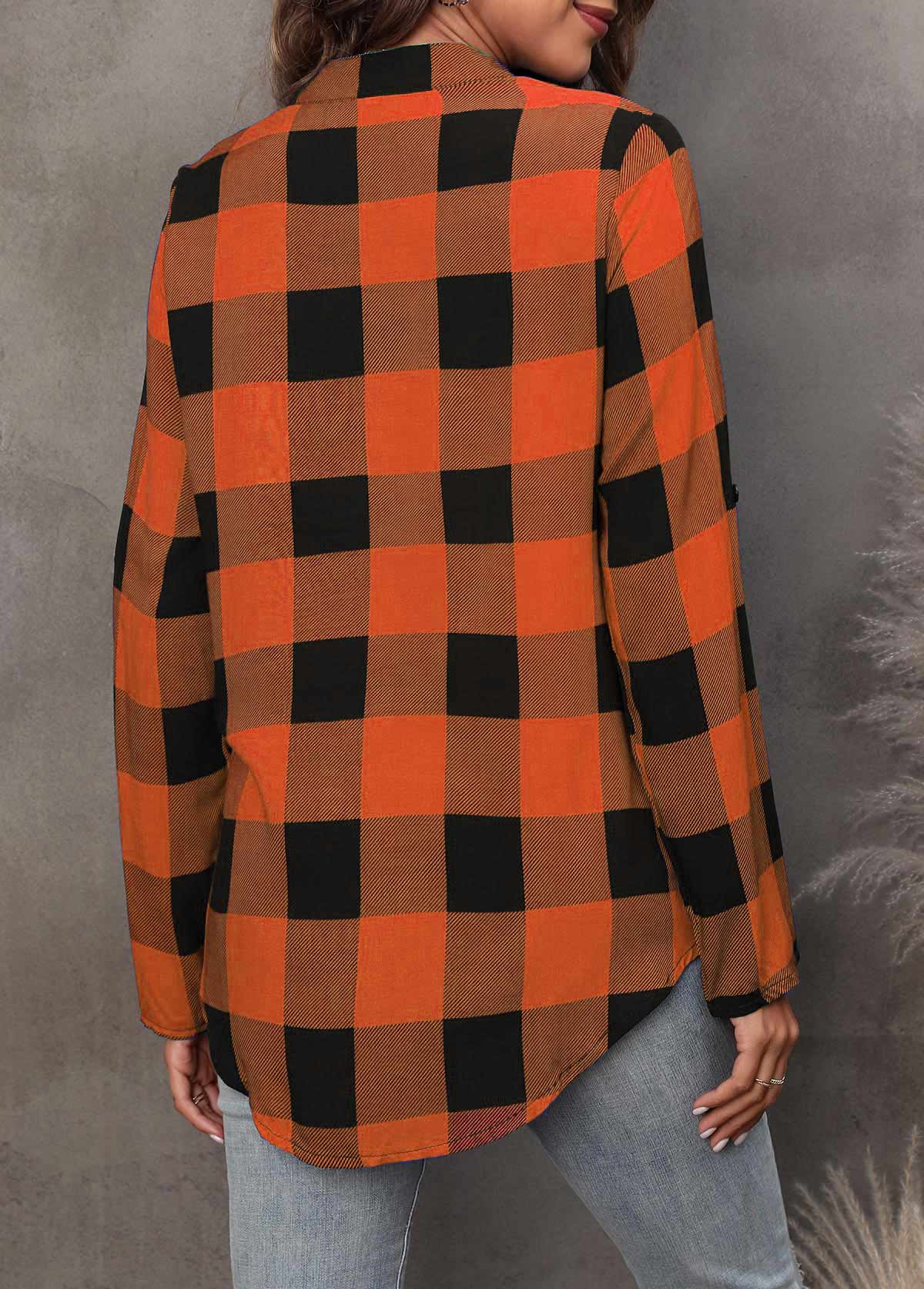Orange tops,Plaid tops,ROTITA Tartan Print Orange Split Neck Long Sleeve Blouse