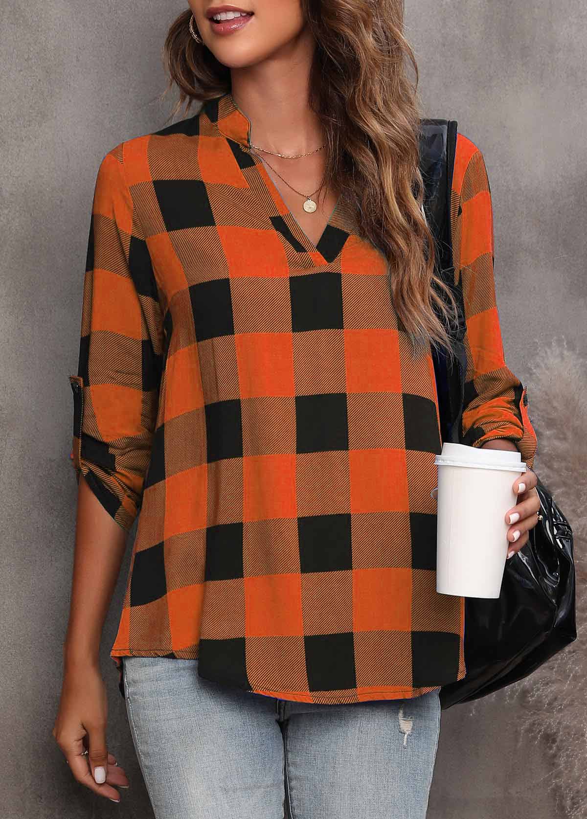 Orange tops,Plaid tops,ROTITA Tartan Print Orange Split Neck Long Sleeve Blouse