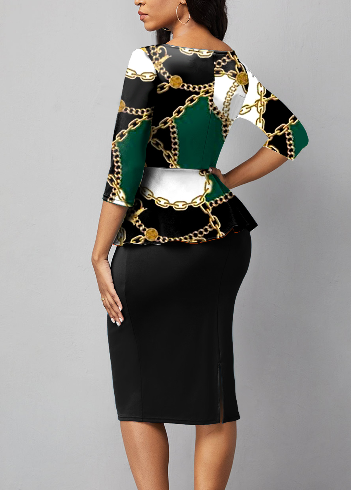 Black dresses,Tribal dresses,ROTITA Ruffle Chain Print Black Midi Dress