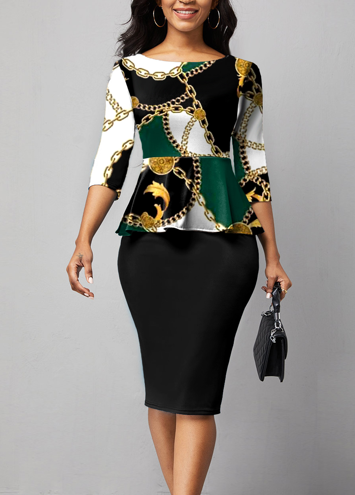 Black dresses,Tribal dresses,ROTITA Ruffle Chain Print Black Midi Dress