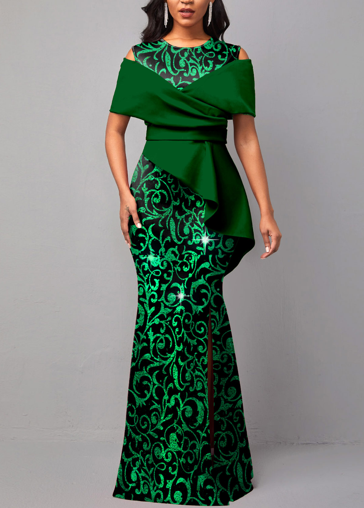 ROTITA Hot Stamping Floral Print Green Maxi Dress