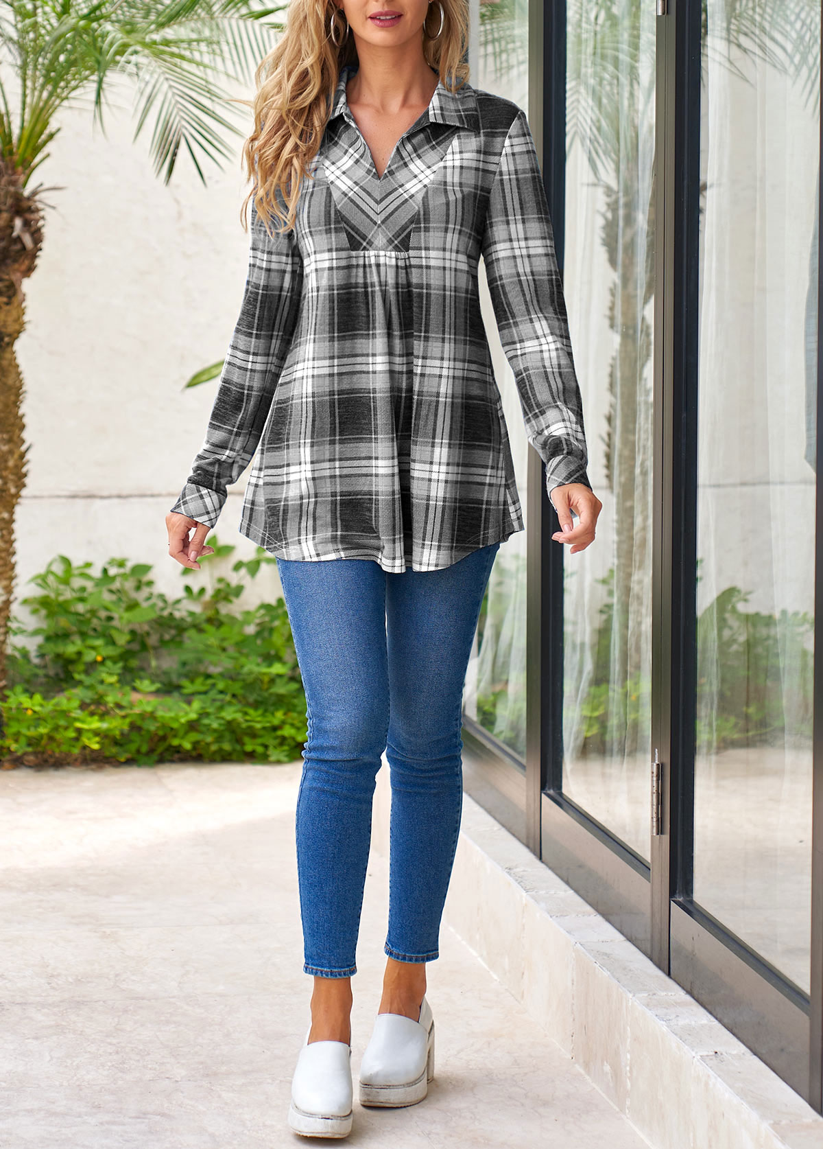 Grey tops,Plaid tops,ROTITA Tartan Print Grey Shirt Collar Long Sleeve Blouse