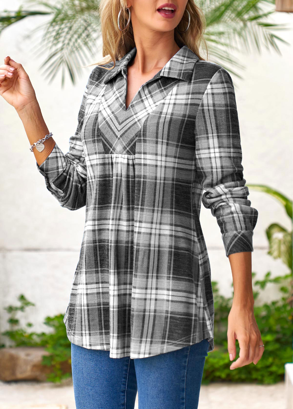 Grey tops,Plaid tops,ROTITA Tartan Print Grey Shirt Collar Long Sleeve Blouse