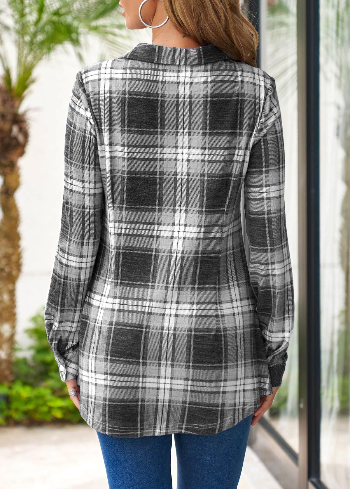 Grey tops,Plaid tops,ROTITA Tartan Print Grey Shirt Collar Long Sleeve Blouse