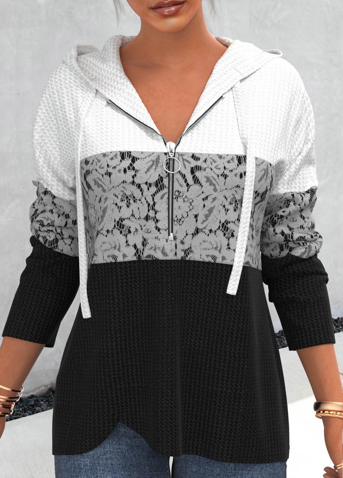 Black tops,Contrast Color tops,ROTITA Lace Patchwork Zipper Closure Black Hoodie