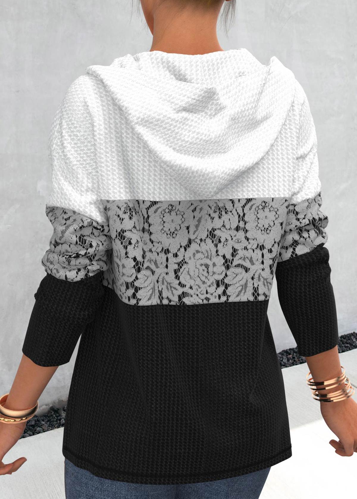 Black tops,Contrast Color tops,ROTITA Lace Patchwork Zipper Closure Black Hoodie