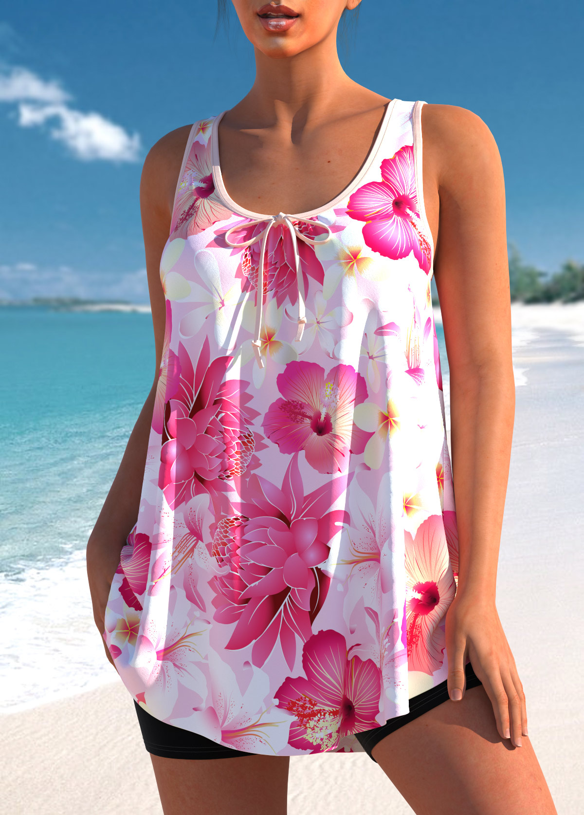 Pink swimwear,Floral swimwear,ROTITA Pink Floral Print Wide Strap Tankini Top