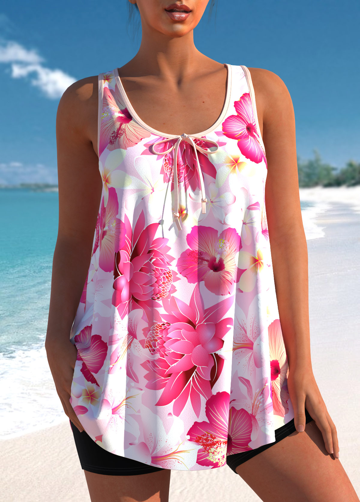 Pink swimwear,Floral swimwear,ROTITA Pink Floral Print Wide Strap Tankini Top