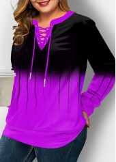 ROTITA Plus Size Lace Up Ombre Long Sleeve Sweatshirt