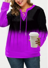 Purple plus size,Ombre plus size,ROTITA Plus Size Lace Up Ombre Long Sleeve Sweatshirt