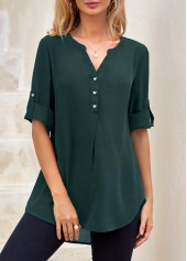 Blackish Green tops,Plain Color tops,ROTITA Split Neck Heart Shape Button Blackish Green Blouse