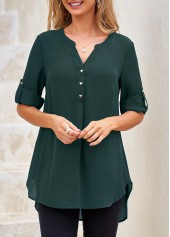 Blackish Green tops,Plain Color tops,ROTITA Split Neck Heart Shape Button Blackish Green Blouse