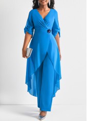 Light Blue jumpsuits & rompers,Plain Color jumpsuits & rompers,ROTITA Light Blue Flower Decoration Chiffon Jumpsuit