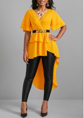 Ginger tops,Plain Color tops,ROTITA Ginger V Neck Dip Hem Short Sleeve Belted Blouse