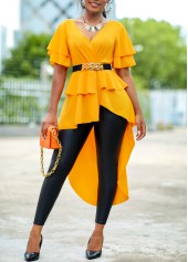 ROTITA Ginger V Neck Dip Hem Short Sleeve Belted Blouse