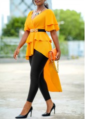 Ginger tops,Plain Color tops,ROTITA Ginger V Neck Dip Hem Short Sleeve Belted Blouse