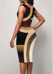 Geometric dresses,Printed Sleeveless Brown V Neck Dress