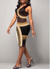 Geometric dresses,Printed Sleeveless Brown V Neck Dress