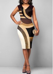 Geometric dresses,Printed Sleeveless Brown V Neck Dress