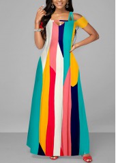 Multi Color dresses,Geometric dresses,ROTITA Strappy Cold Shoulder Contrast Double Side Pockets Dress