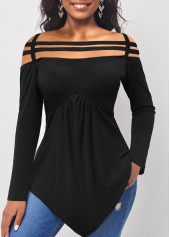 Black tops,Plain Color tops,ROTITA Asymmetric Hem Cold Shoulder Black T Shirt