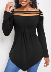 ROTITA Asymmetric Hem Cold Shoulder Black T Shirt