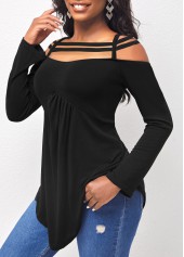 Black tops,Plain Color tops,ROTITA Asymmetric Hem Cold Shoulder Black T Shirt