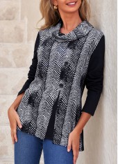 Black tops,Chevron tops,ROTITA Decorative Button Chevron Print Black Cowl Neck Sweatshirt