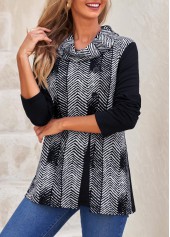 ROTITA Decorative Button Chevron Print Black Cowl Neck Sweatshirt