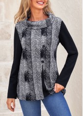 Black tops,Chevron tops,ROTITA Decorative Button Chevron Print Black Cowl Neck Sweatshirt