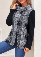 Black tops,Chevron tops,ROTITA Decorative Button Chevron Print Black Cowl Neck Sweatshirt