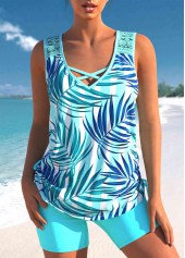 Rotita-Tankini-Set mit tropischem Print und Spitzennaht in Cyan