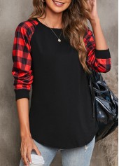 Tartan Print Round Neck Black T Shirt