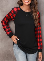 Black tops,Plaid tops,Tartan Print Round Neck Black T Shirt