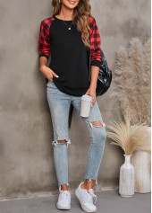 Black tops,Plaid tops,Tartan Print Round Neck Black T Shirt
