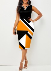 Split Neck Geometric Print Black Dress