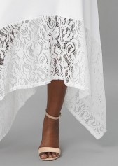 White dresses,Plain Color dresses,Lace Stitching Asymmetric Hem White Dress