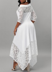 White dresses,Plain Color dresses,Lace Stitching Asymmetric Hem White Dress