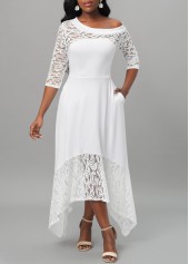 Lace Stitching Asymmetric Hem White Dress