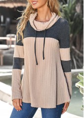 Light Camel tops,Plain Color tops,ROTITA Light Tan Cowl Neck Contrast Drawstring Sweatshirt