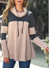 Light Camel tops,Plain Color tops,ROTITA Light Tan Cowl Neck Contrast Drawstring Sweatshirt