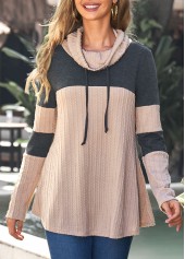 ROTITA Light Tan Cowl Neck Contrast Drawstring Sweatshirt