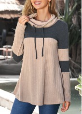 Light Camel tops,Plain Color tops,ROTITA Light Tan Cowl Neck Contrast Drawstring Sweatshirt