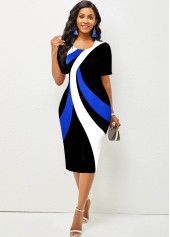 Black dresses,Geometric dresses,Black Round Neck Contrast Short Sleeve Dress