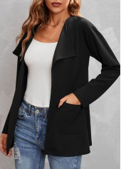 Black outerwear & coats,Plain Color outerwear & coats,Turndown Collar Black Pocket Long Sleeve Coat